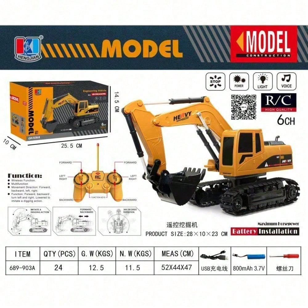 T1 22 RC Excavator Toy for Kids, Remote Control Construction Vehicle with Lights and Flexible Arm, 6CH Rechargeable Engineering Digger Truck Gift for Children, Toys for Boys, Construction Toys