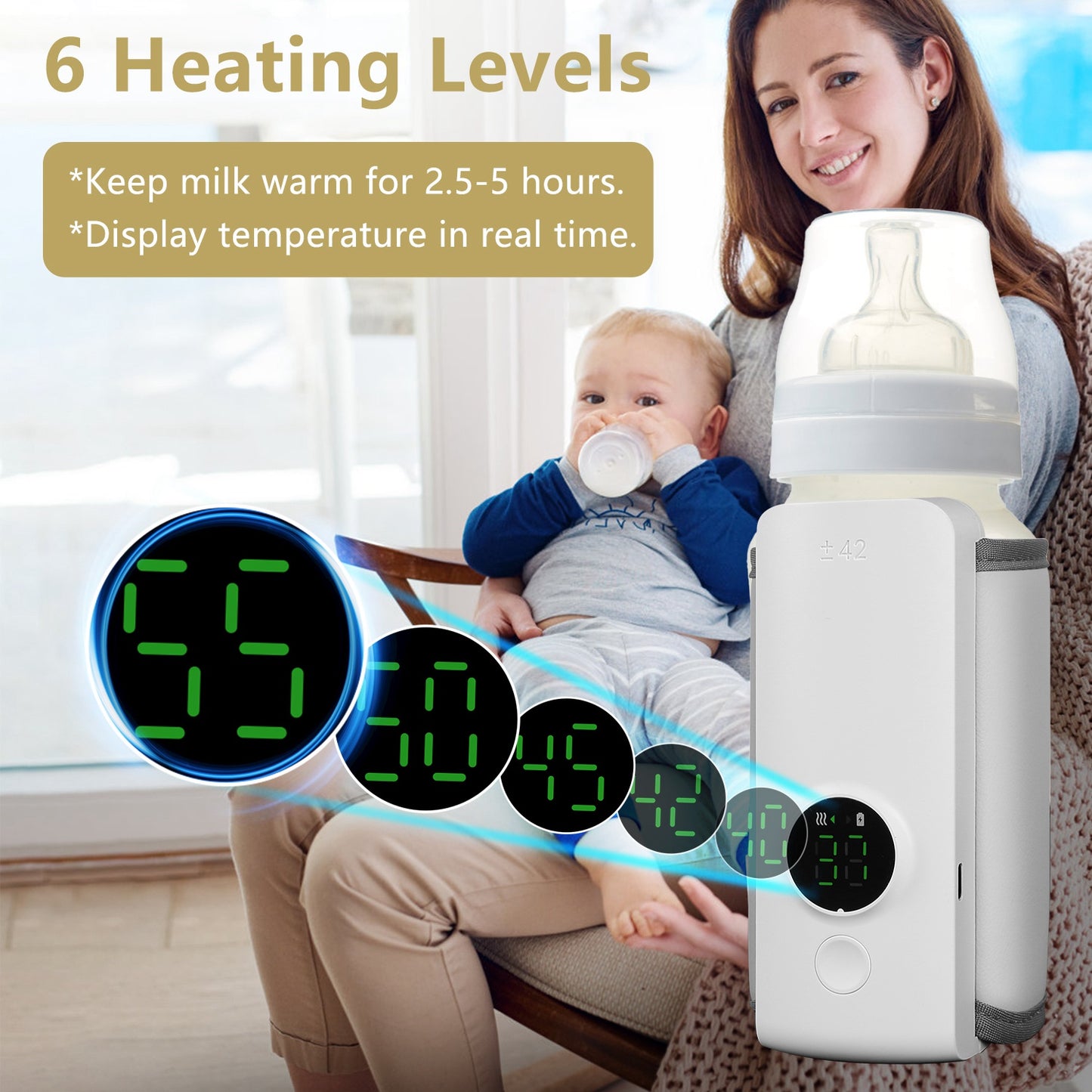 1Pc Portable Bottle Warmer Baby Milk Warmer Milk Formula Warmer for Travel with 6 Heating Levels USB Rechargeable Keep Milk Warm for 5 Hours No Bottle Included
