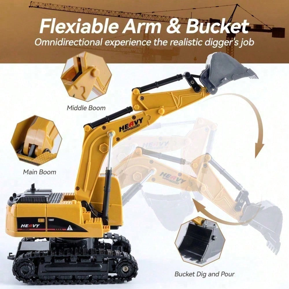 T1 22 RC Excavator Toy for Kids, Remote Control Construction Vehicle with Lights and Flexible Arm, 6CH Rechargeable Engineering Digger Truck Gift for Children, Toys for Boys, Construction Toys